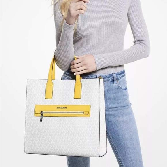 Michael Kors Kenly Large North South Tote White MK Signature Citrus Yellow - Picture 2 of 3